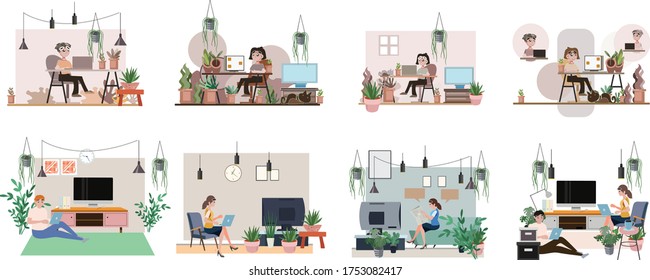 work at Home Office modern flat vector concept digital illustration home office metaphor, a freelancer people working at home coronavirus lifestyle