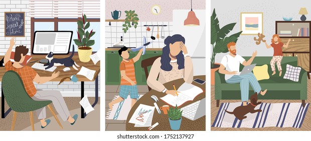 Work At Home Office Problems And Disturbance. Children And Pet Disturb Working At Home Parents. Vector Illustration In Cartoon Style. Remote Workplace In Kitchen