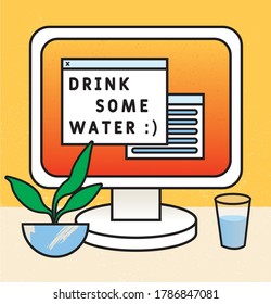 Recordatorio de oficina en el hogar. Pantalla de computadora que muestra un recordatorio amistoso para la salud y bienestar de WFH para el personal, empleados, compañeros de trabajo, jefes o usted mismo! Ilustración de estilo vectorial gráfico.