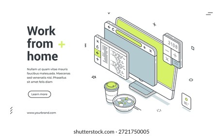 Work from home office remotely freelance business isometric web banner design template vector illustration. Distance job remote internet project coding SMM computer workflow digital technology