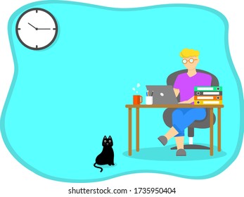 Work from home, Home office, study from home concept. Man wear glasses siting on chair and working on laptop with copy space.