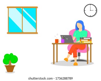 Work from home, Home office, study from home concept. Woman wear green t-shirt siting on chair and working on laptop.