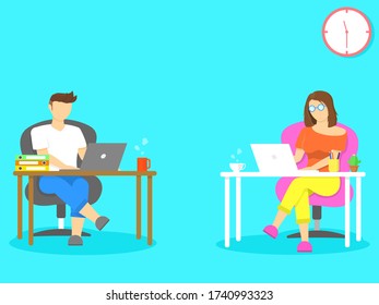 Work from home, Home office, study from home concept. Man and Woman wear glasses siting on chair and working on laptop.