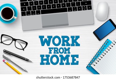 Work from home office vector background banner. Freelance remote online business job background for work from home workplace with computer elements. Vector illustration.
