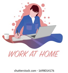Work home. Home Office. Woman with laptop and vase working on laptop from home. Self isolation. Quarantine.