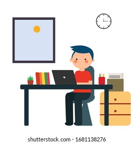 Work from home. Work at home. Online work at home. Business man at work. Working concept illustration. A man sitting at a desk.