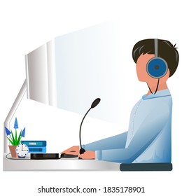 Work from home. Online chat. Communication with the client. A man at work with headphones talking through a microphone on a computer. Conceptual illustration of work from home, for support,call center