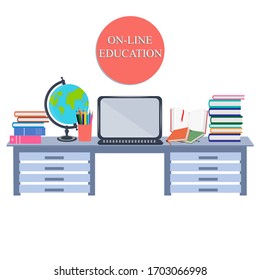 Work from home. Online education - books, desk, computer - vector. Home interior. Quarantine Social Concept
