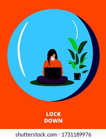 Work at home, online, freelance during quarantine.
The girl sits in isolation in a face mask and works at a laptop. Vector illustration about pandemic situation. Plant