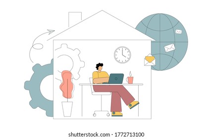 Work from home online, freelancer man working on a laptop, self-isolation. Vector illustration white background.