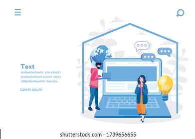 Work from home online, freelancer working on a laptop at home. Vector illustration for web banner, infographics, mobile.  creative space, self-isolation, 