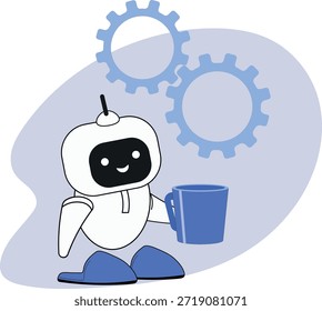 Trabajo desde casa, trabajo en línea, trabajo independiente, asistente de inteligencia artificial, inteligencia de máquinas, asistentes de robots que ayudan con el trabajo. Asistencia en línea, lindo robot Android, tecnología moderna