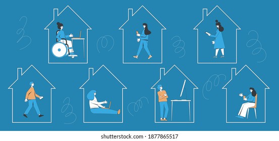 Work from home. Online meeting collegues. Digital communication. Coworkers talking to each others with computers, phones on internet. Remote teamwork during lockdown. Vector line art flat illustration