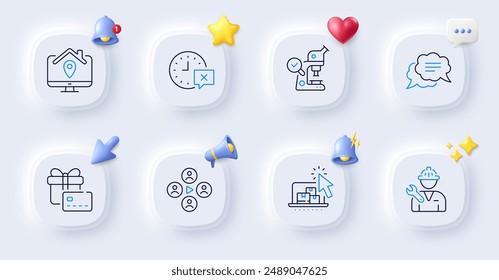 Work home, Online storage and Text message line icons. Buttons with 3d bell, chat speech, cursor. Pack of Time, Video conference, Repairman icon. Microscope, Gift card pictogram. Vector