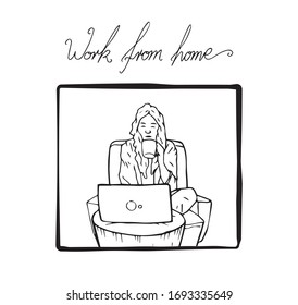 Work from home outline hand drawn illustration. Women working from home and drinking from a mug with letters tittle. Female person drawing and text above inside house.