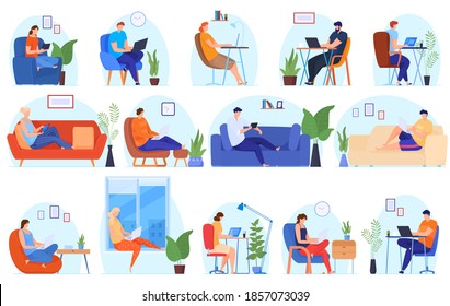 Work at home. People work at home in a comfortable environment. Free work schedule, informal atmosphere, houseplants. Vector illustration