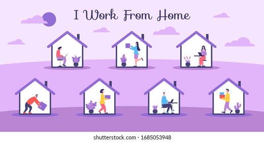 I Work From Home, people do various work during self-quarantine. 
Illustration of activities in self-quarantine. 
Social distancing and self-isolation during corona virus quarantine.