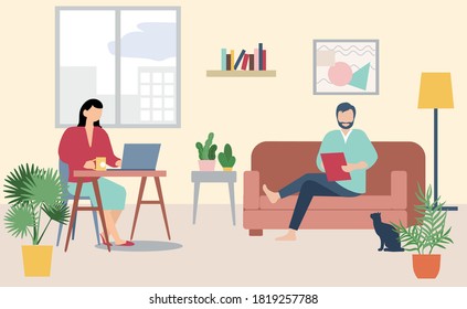 Work at home, people at home office. Woman and man working at desk and on sofa from home. Couple have a lot of work. Woman working with laptop. Vector illustration of student studying at home.