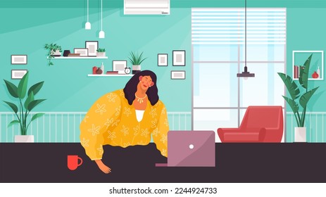 Work at home. Person sitting at desk with laptop. Freelancer woman working on computer at her house. Online study, education. Concept of remote work, freelancing, teaching, e-learning from home office