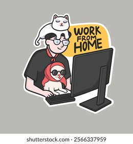 Work From Home with Pets Meme Sticker T-shirt Vector Cute Illustration