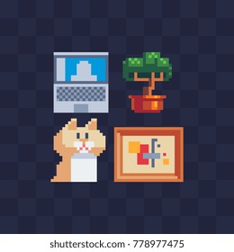 Work at home. Pixel art icons set. Laptop, tree in a pot, picture frame and cute cat. 8-bit sprites. Game assets. Isolated abstract vector illustration. 