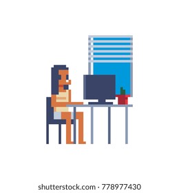 Work at home. Pixel art style. Young woman working on laptop computer at her home office working desk. 8-bit. Game assets. Isolated abstract vector illustration. 
