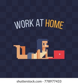 Work at home. Pixel art style. Young woman lying with laptop. 8-bit. Isolated abstract vector illustration.