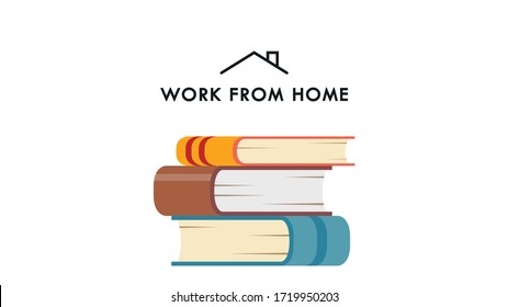 Work from home poster design. Work from home logo design. Book stack vector.