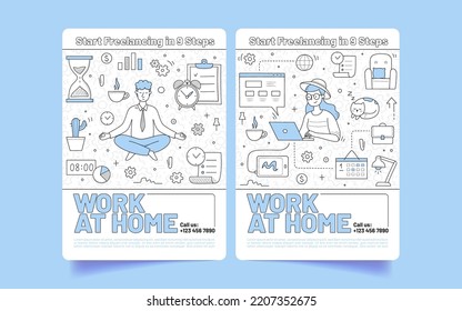 Work at home posters with man in yoga pose, woman with laptop, clock, calendar and checklist. Concept of freelance, remote work, time management, vector banners with doodle illustration