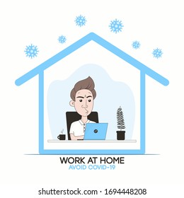 Work at home to prevent coronavirus. Man works at home on a laptop during quarantine or self-isolation. Concept of stop and non-proliferation of pandemic COVID-19. Vector illustration.