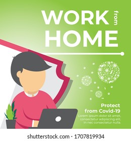 Work from home, protect and preventing from corona virus poster design. Young people, man freelancers working on laptops and computers at home.