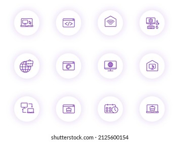 work at home purple color outline vector icons on light round buttons with purple shadow. work at home icon set for web, mobile apps, ui design and print