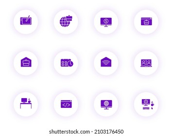 Arbeiten Sie in violetten, hellen, runden Tasten mit violettem Schatten. arbeiten Sie zu Hause Icon-Set für Web, mobile Apps, i-Design und Print