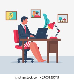 Work at home. Quarantine coronavirus. A businessman in a suit and underwear is sitting in front of a laptop. Homeliness. Vector illustration flat design. Isolated on white background. 