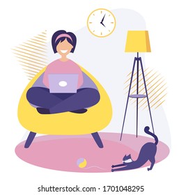 Work at home, quarantine, isolation and earning at home concept. A woman freelancer is working on a laptop at home in quarantine, a cat is playing with a ball next to a floor lamp. Vector flat style