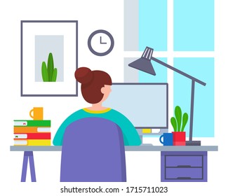 Work from home. Quarantine, stay at home concept. Woman freelancer working on computer at home