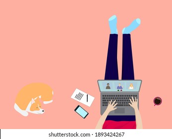 Work at home, quarantine, stay at home concept. Top view of freelancer working online, meeting conference at home with laptop computer. Vector illustration design