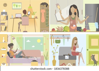 Trabajar en casa en cuarentena. Vector.