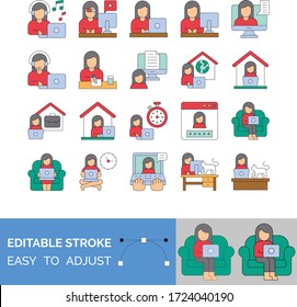 work from home related girls or females work at home with laptop,  sofa, clock, home building, cat, headphone, cabin, table, office bag, tea cup, video player, and cats vector with editable stroke