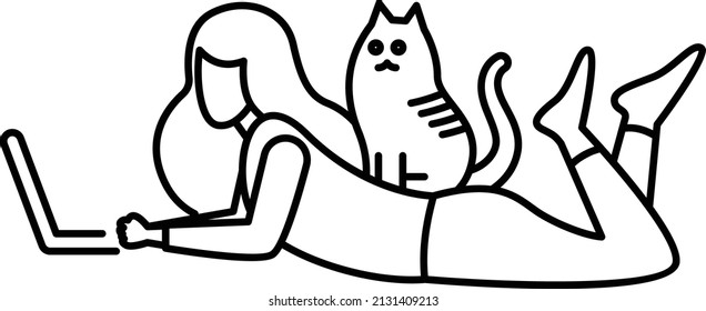 Work from Home in Relax Hour Vector Icon Design, Free time activities Symbol, Extracurricular activity Sign, hobbies interest Stock Illustration, Girl Lying down Scottish Fold Cat Using Laptop Concept