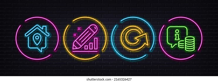 Work home, Reload and Edit statistics minimal line icons. Neon laser 3d lights. Info icons. For web, application, printing. Outsource work, Update, Seo manage. Cash money. Neon lights buttons. Vector