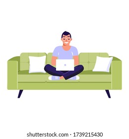 Work at home or remote work concept design. Freelance man sitting on sofa and working on laptop. Vector illustration on white background.