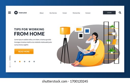 Work at home, remote work, freelance online job concept. Businesswoman or freelancer sitting on yellow puff armchair using laptop. Vector illustration for web landing page, banner, poster design