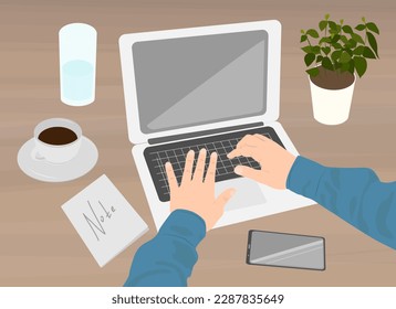 Trabajo en casa, trabajo a distancia, concepto de trabajo en línea independiente. Hombre o mujer trabajando en laptop. Manos humanas escribiendo en el teclado, ilustración vectorial.