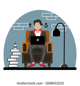 Work at home, remote work, freelance, quarantine, a young man with a laptop and coffee sitting on a work chair. Flat design vector illustration.