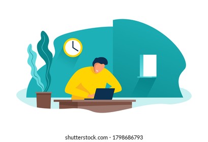 Work at home - remote freelance working concept - flat cartoon man with laptop sitting at the table - isolated vector illustration