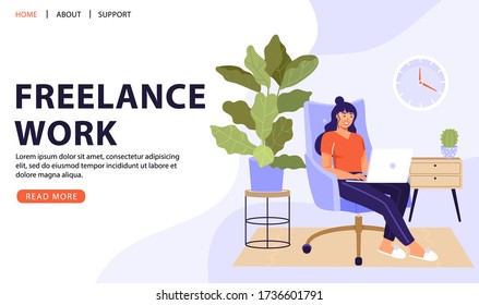 Work at home or remote work illustration design. Freelance woman sitting in chair and working on laptop. Comfortable conditions for job. Vector web page banner illustration.