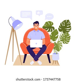 Work at home or remote work illustration design. Freelance man sitting in chair and working on laptop. Social network and online chatting. Comfortable conditions for job. Living room interior. Vector.