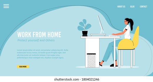 Work From Home, Remote Job Occupation. Young Woman Working Online On Computer Making Money Sitting At Desk On Room. Stay Home, Protect Yourself People Promotion. Landing Page Design Template