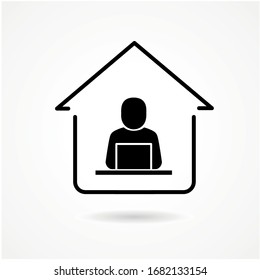 Work from home. Remote work online icon, sign - Coronavirus quarantine preventive measures for social distancing - person working on computer at home icon.